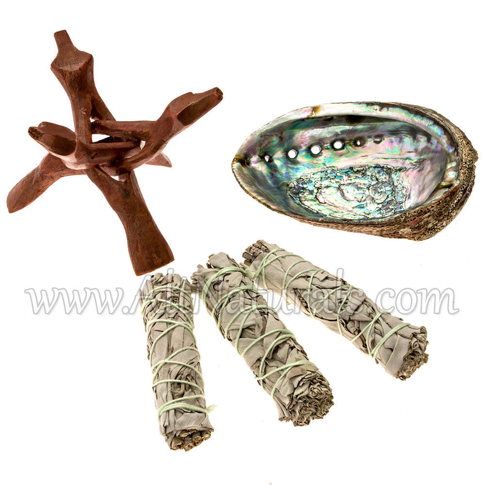Abalone Shell with Stained Wooden Tripod Stand and 3 California White Sage Smudge Sticks