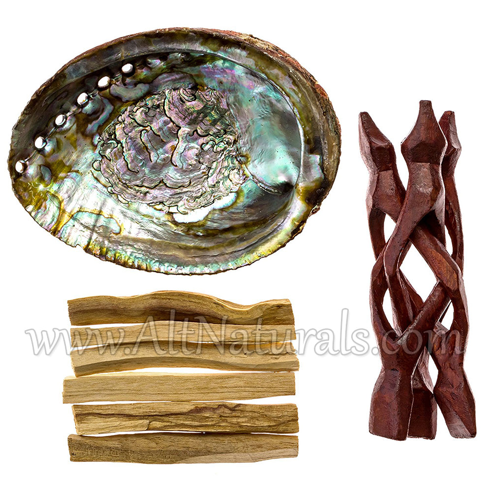 Abalone Shell with Stained Wooden Tripod Stand and 6 Palo Santo Sticks